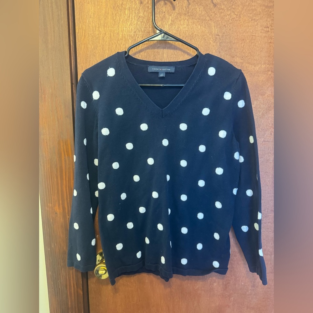 Tommy Hilfiger Navy V-Neck Sweater with White Polka Dots